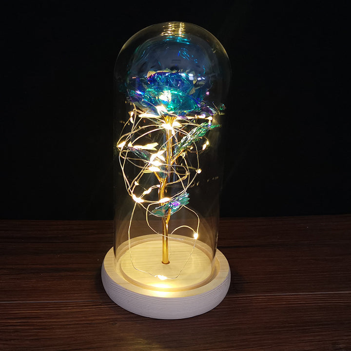 Evig rose i glasskuppel med LED-lys, romantisk gave med trebase