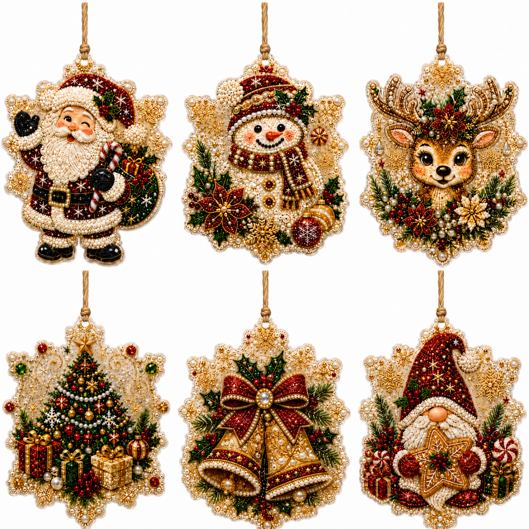 Diamantmalte juleornamenter i tre