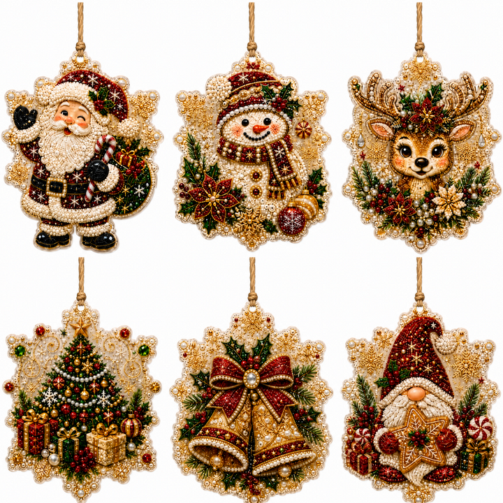 Diamantmalte juleornamenter i tre