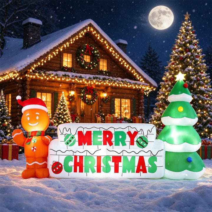Oppblåsbart Merry Christmas-skilt med pepperkakemann