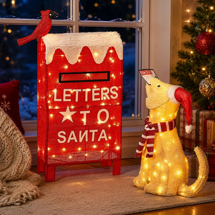 Lysende hund ved rød julepostkasse