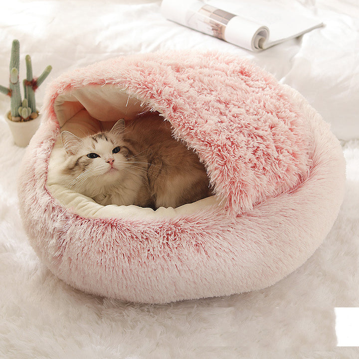 Katt i rund plysjseng med hette