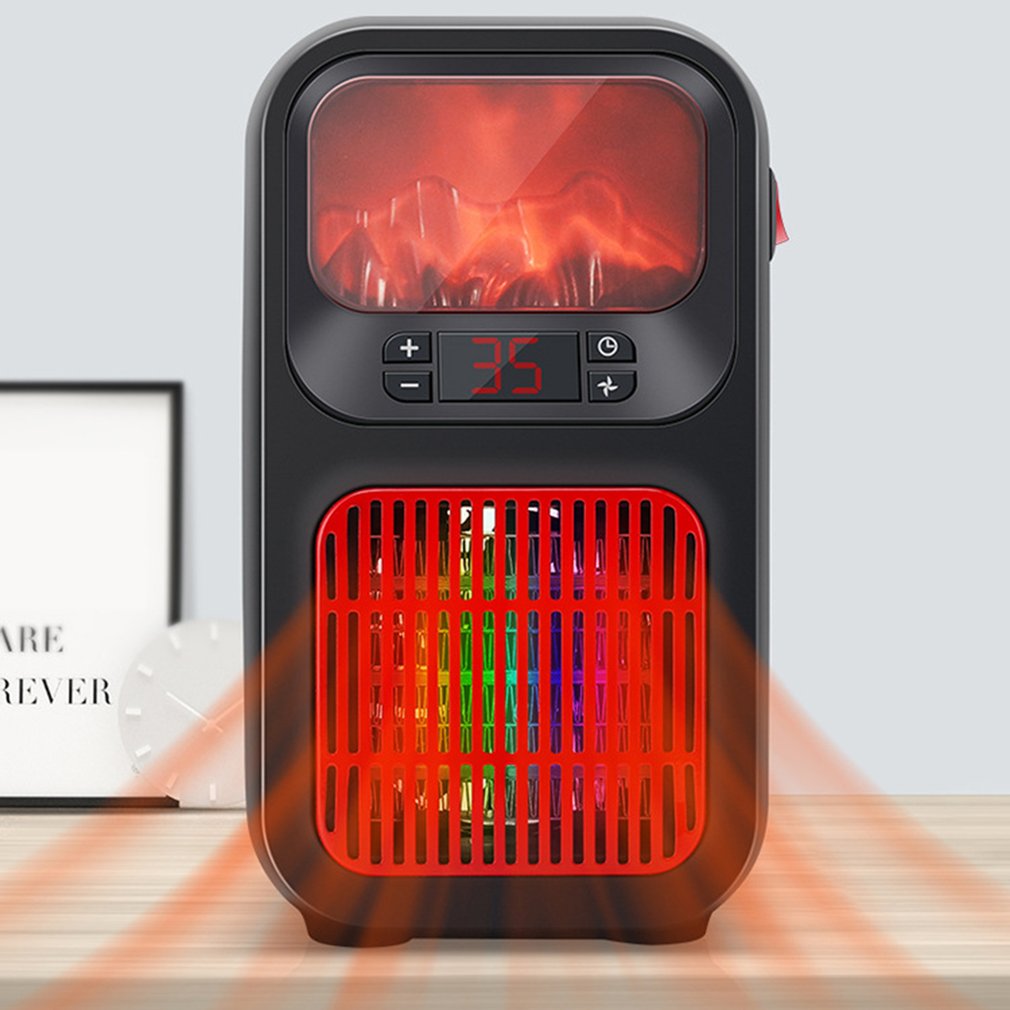 Svart mini varmeovn med flammeeffekt i vegg