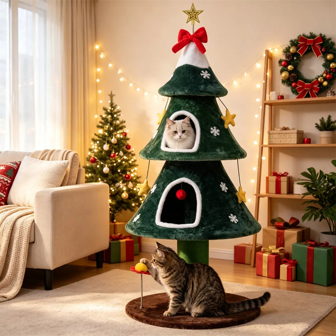 Kattetre formet som et juletre med plysjhuler
