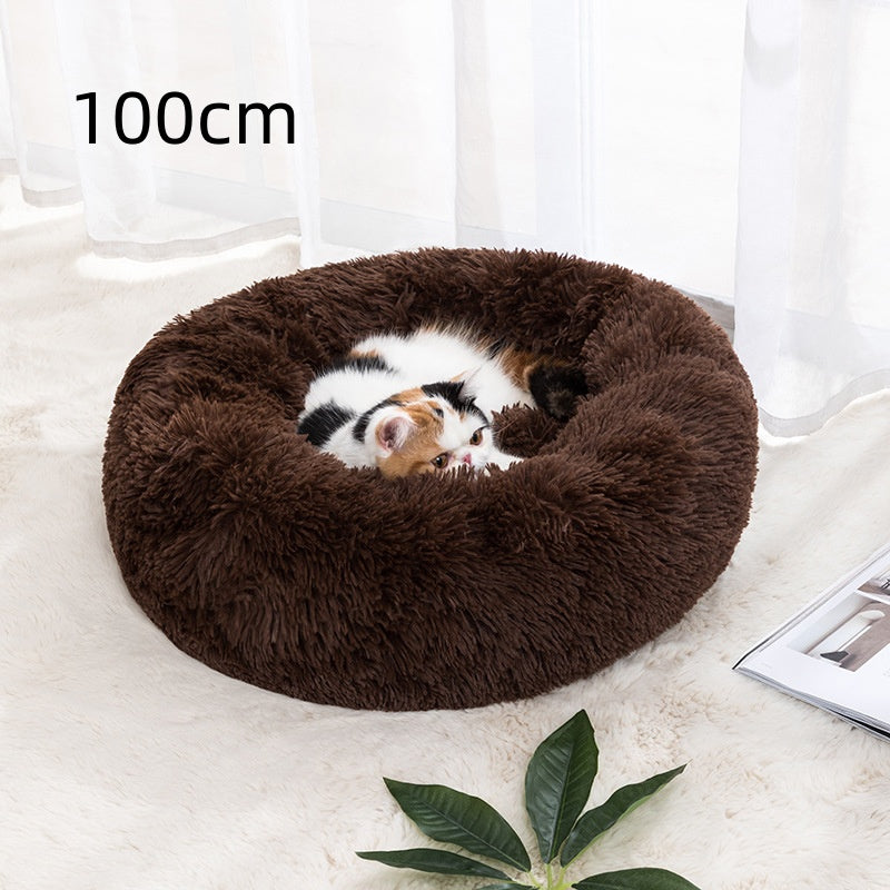Katteseng i varm plysj, rund modell i flere størrelser