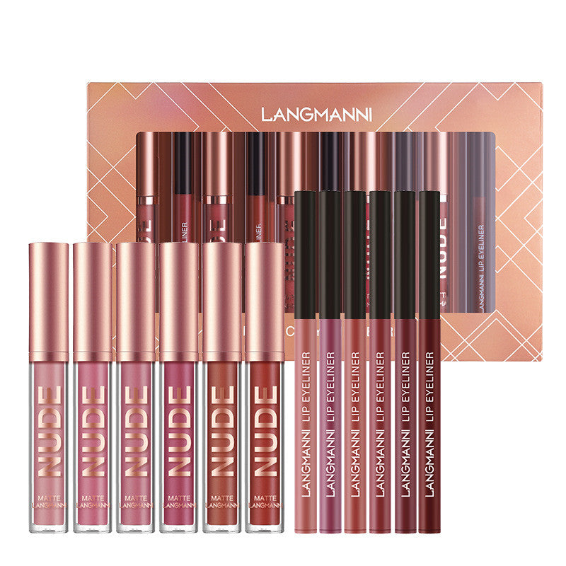 Leppesett med matte leppestifter og lipliners i eske