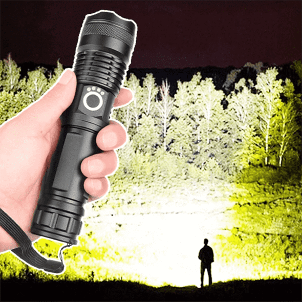 Vikbua™ Oppladbar LED-lommelykt XHP50 med zoom og batteriindikator