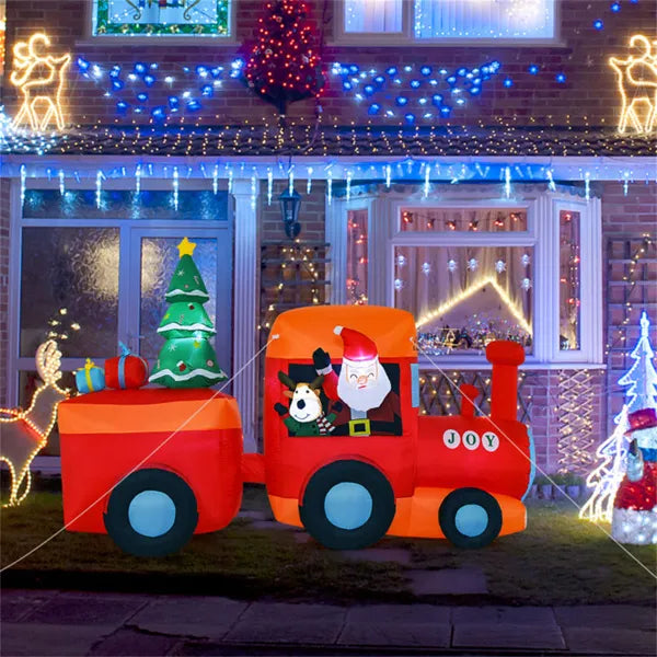 Oppblåsbart juletog med nisse og reinsdyr