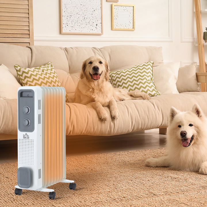 Hvit oljefylt radiator med ni ribber
