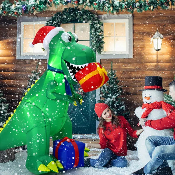 Oppblåsbar T-rex med nisselue og gaver