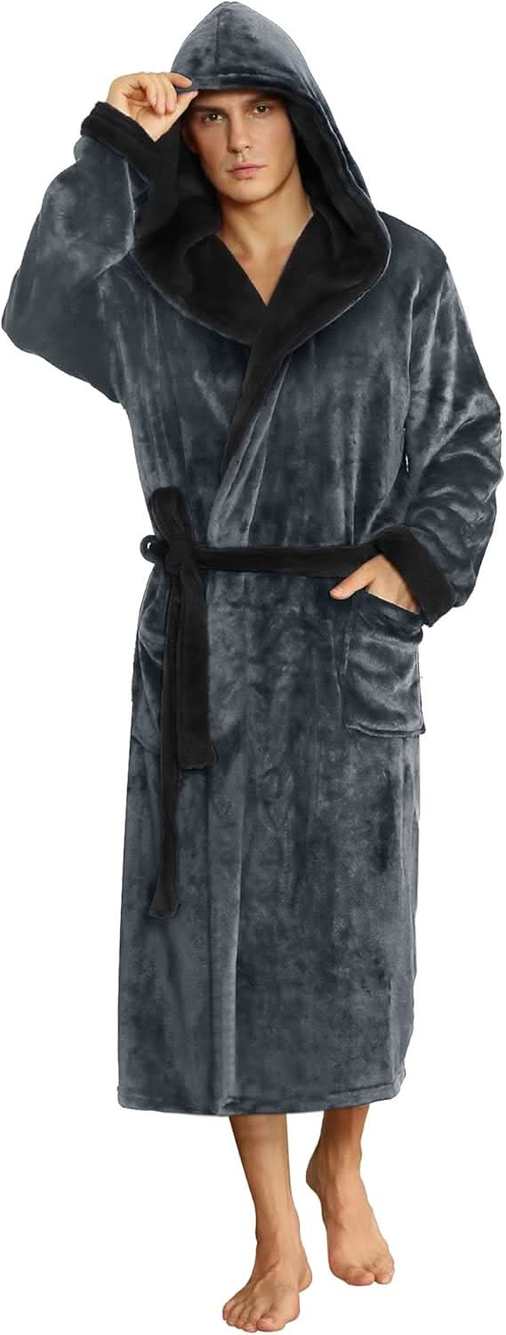 Vikbua™ Fleece morgenkåpe til herre med hette, belte og lommer