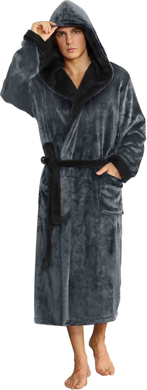 Vikbua™ Fleece morgenkåpe til herre med hette, belte og lommer