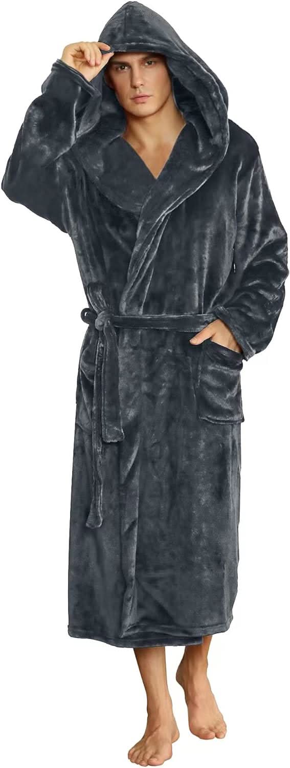 Vikbua™ Fleece morgenkåpe til herre med hette, belte og lommer