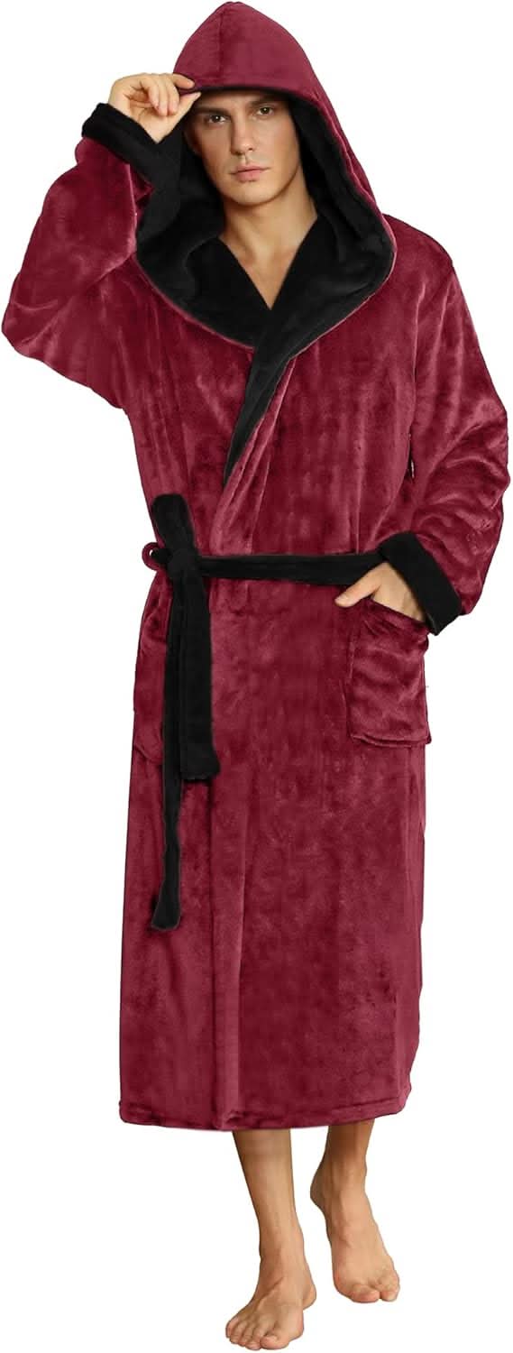 Vikbua™ Fleece morgenkåpe til herre med hette, belte og lommer
