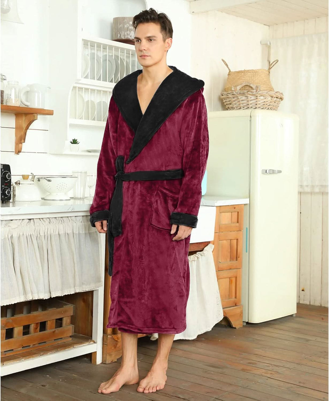 Vikbua™ Fleece morgenkåpe til herre med hette, belte og lommer