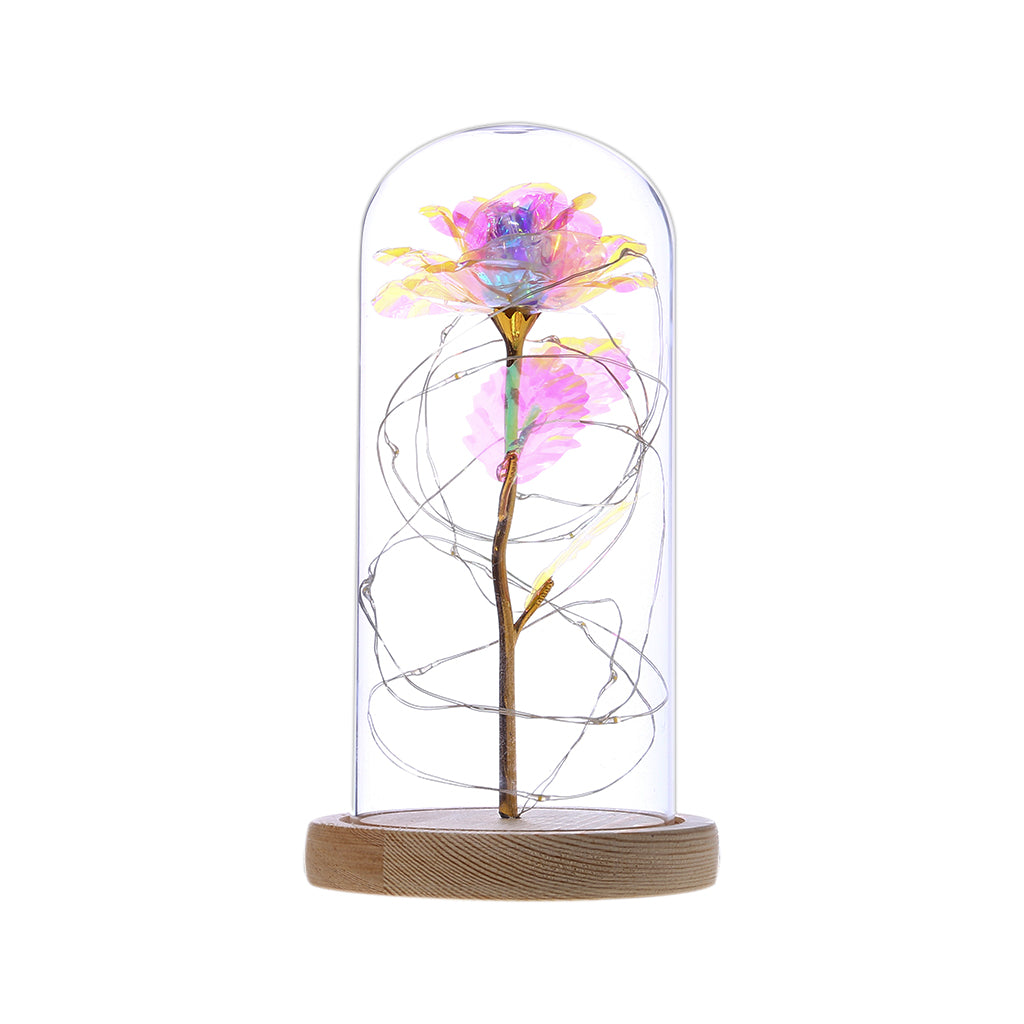 Evig rose i glasskuppel med LED-lys, romantisk gave med trebase