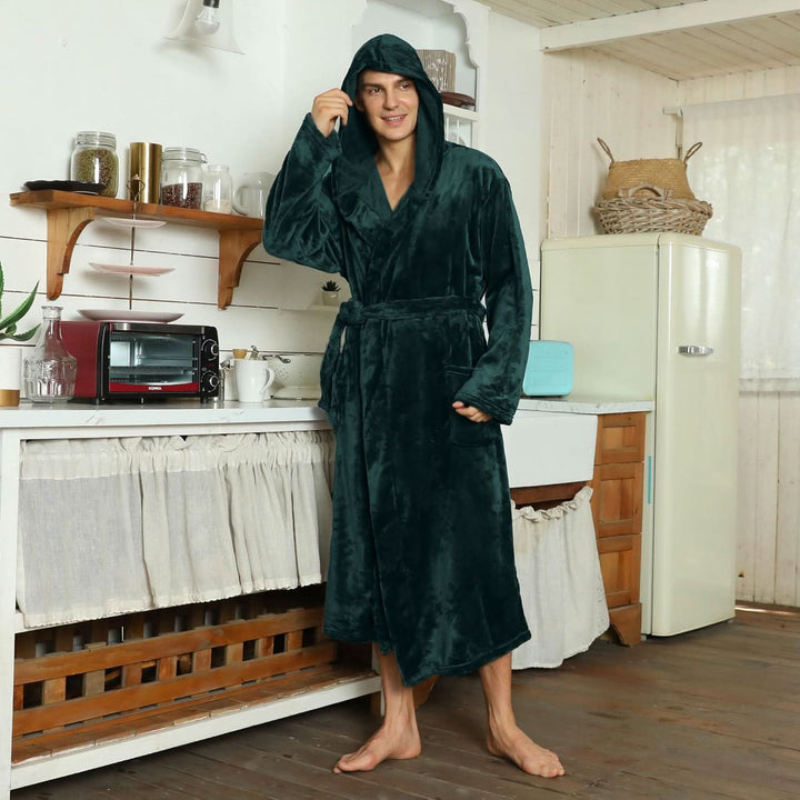 Vikbua™ Fleece morgenkåpe til herre med hette, belte og lommer
