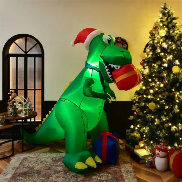 Oppblåsbar T-rex med nisselue og gaver