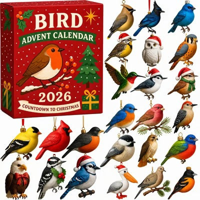 Julekalender med akrylfigurer av fugler