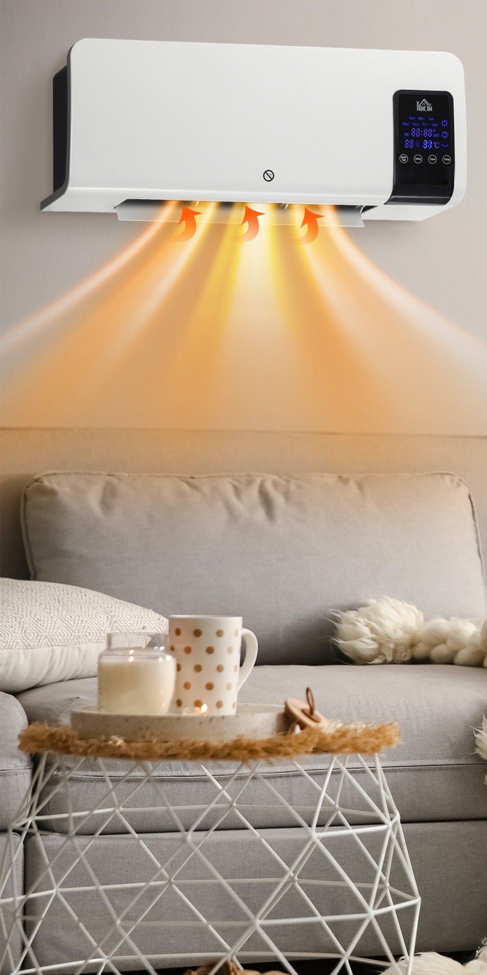 Hvit veggmontert vifteovn med LED-panel