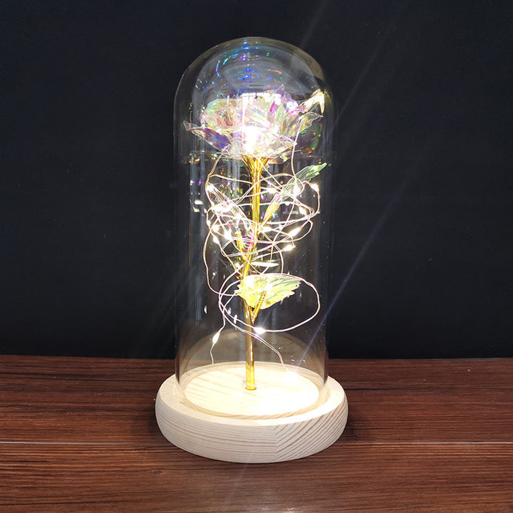 Evig rose i glasskuppel med LED-lys, romantisk gave med trebase