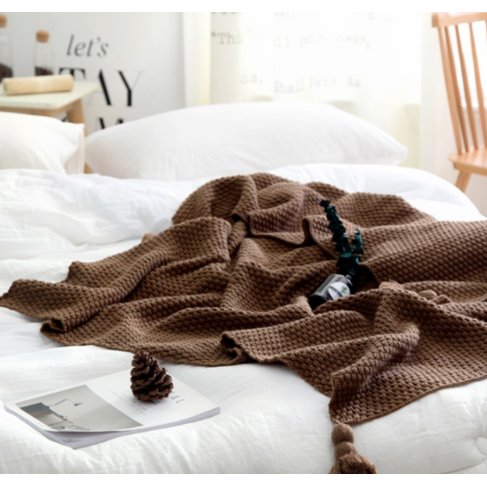 Vikbua™ Vaffelstrikket pledd med pompomdusker til sofaen