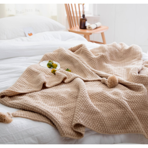 Vikbua™ Vaffelstrikket pledd med pompomdusker til sofaen