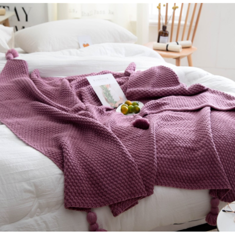 Vikbua™ Vaffelstrikket pledd med pompomdusker til sofaen