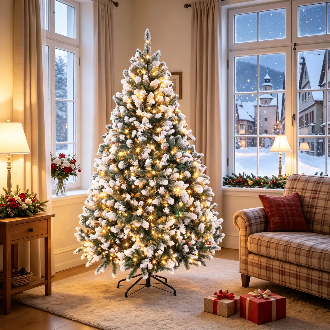 Fyldig juletre med hvite snøtupper og lys