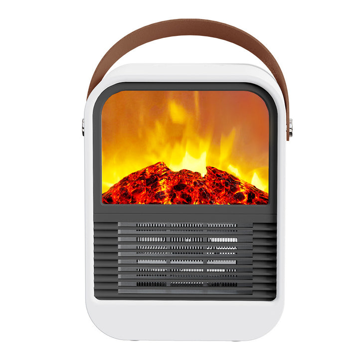 Liten hvit vifteovn med flammeeffekt og hank