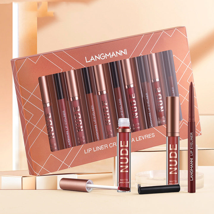 Leppesett med matte leppestifter og lipliners i eske