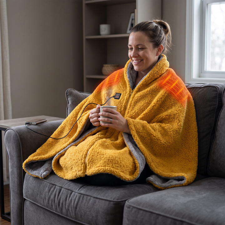 Vikbua™ USB-varmepledd i sherpa og fuskepels med 3 varmenivåer