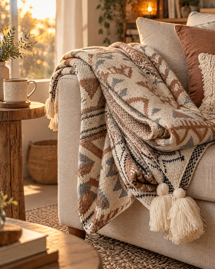 Vikbua™ Strikket boho-pledd med dusker i myk beige