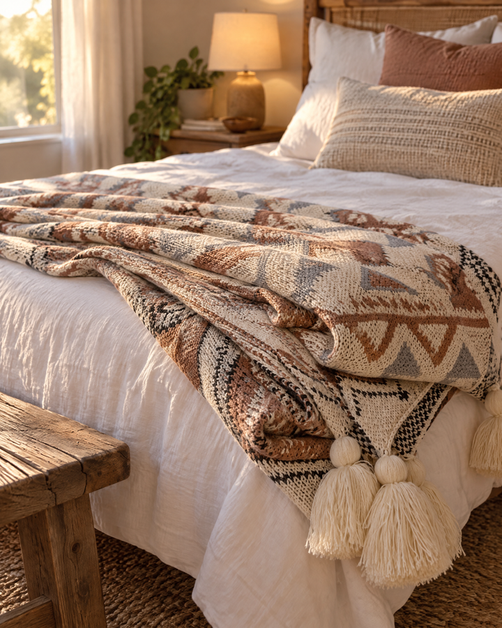 Vikbua™ Strikket boho-pledd med dusker i myk beige