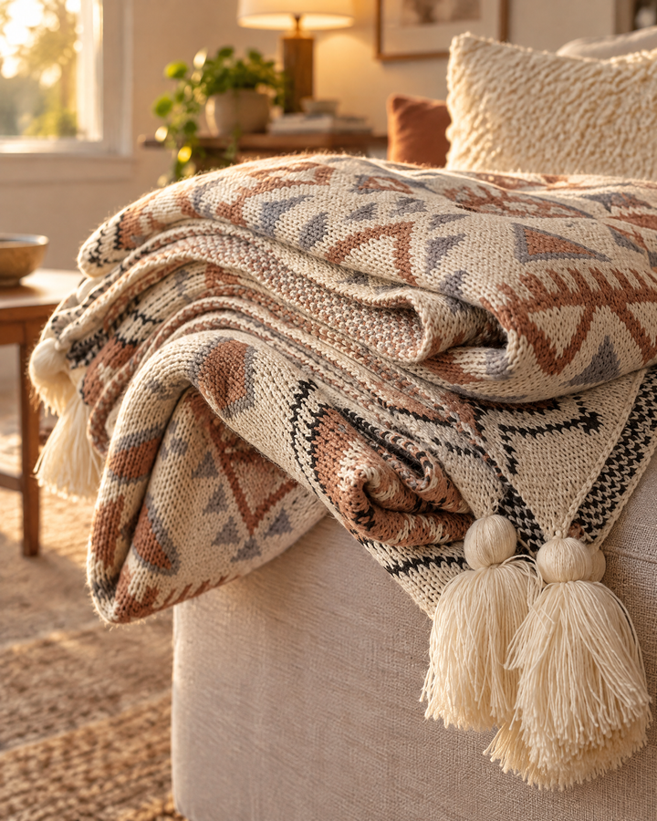 Vikbua™ Strikket boho-pledd med dusker i myk beige