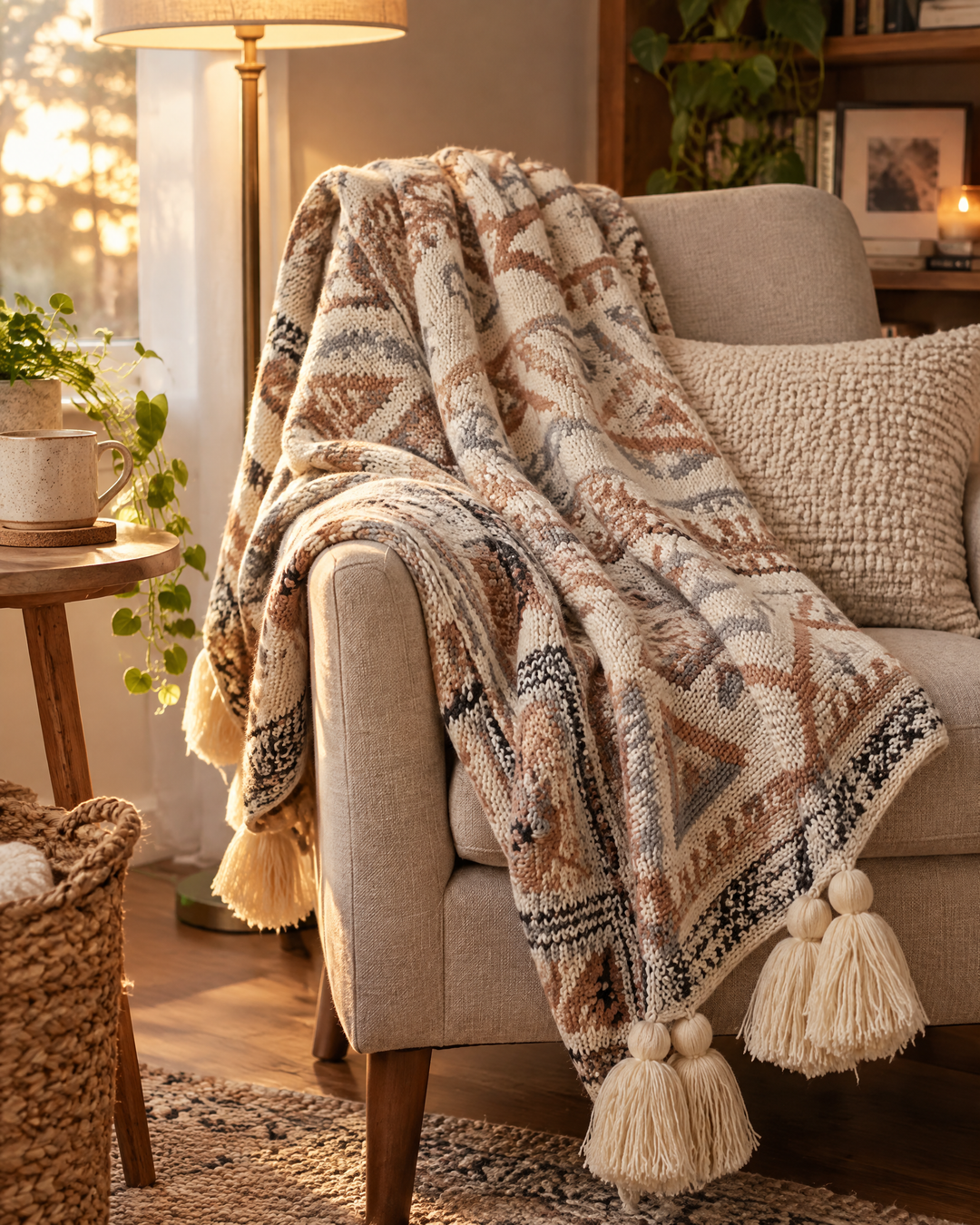 Vikbua™ Strikket boho-pledd med dusker i myk beige