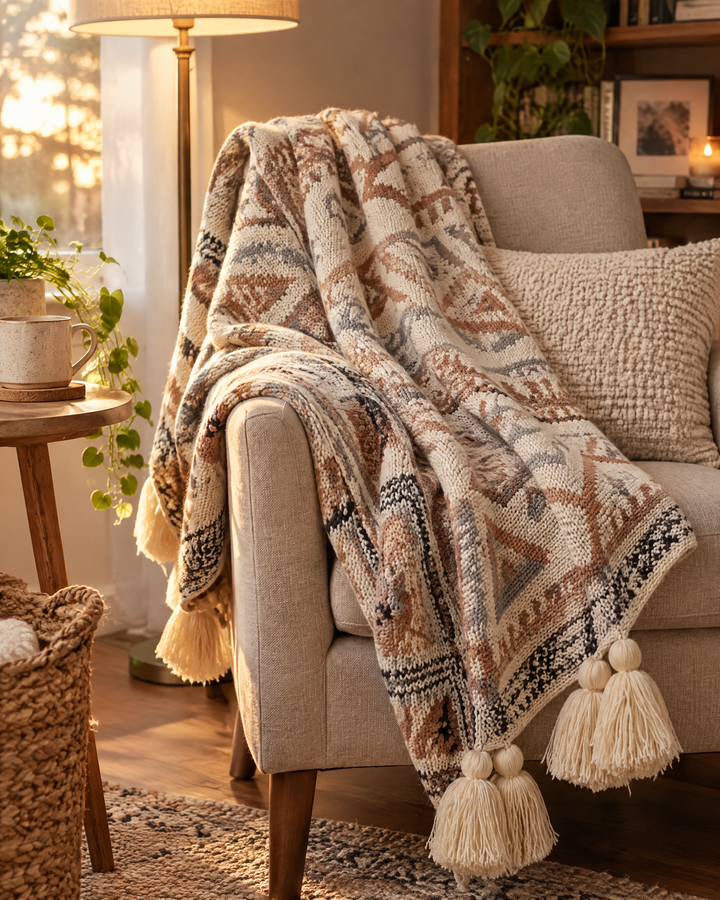 Vikbua™ Strikket boho-pledd med dusker i myk beige