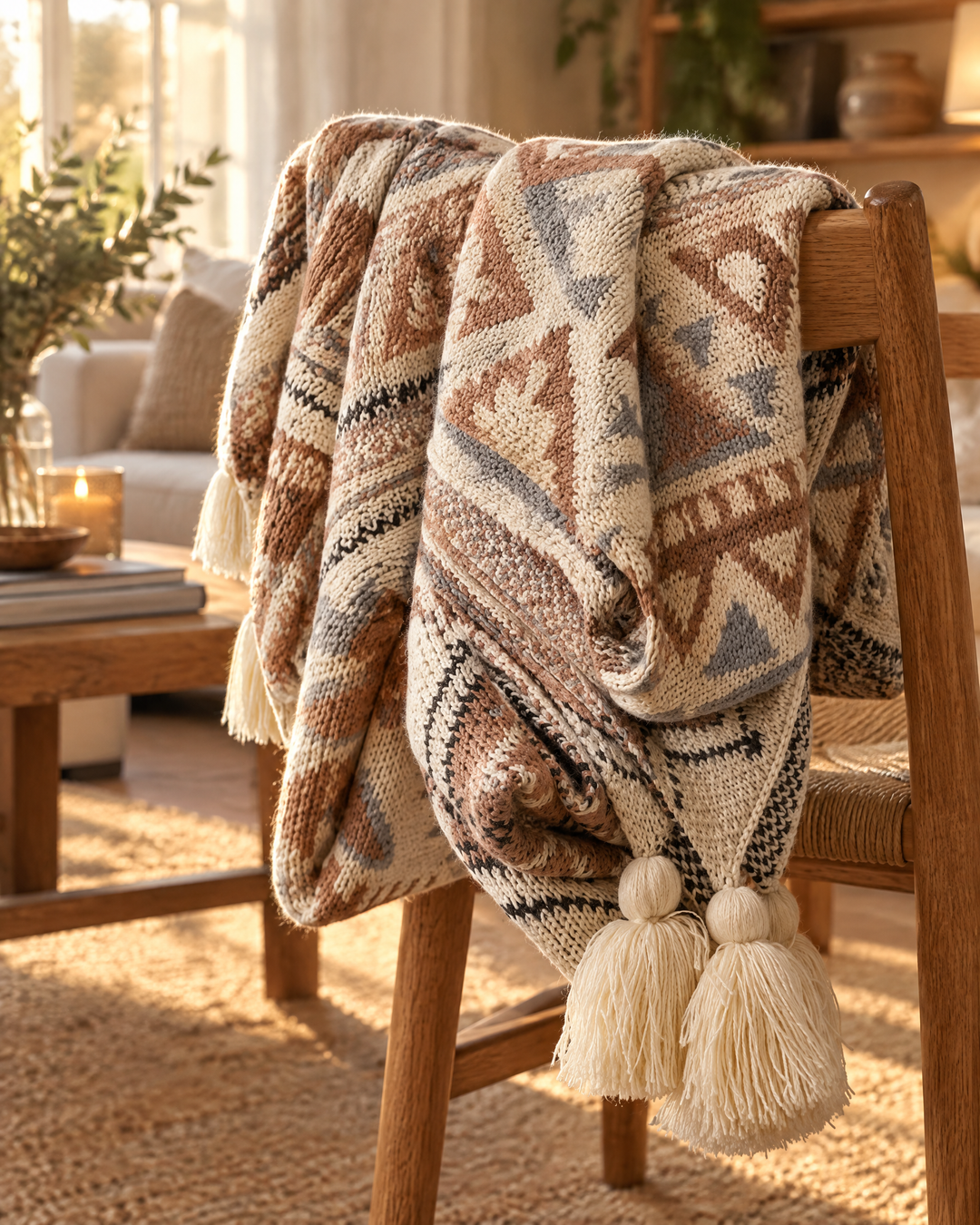 Vikbua™ Strikket boho-pledd med dusker i myk beige
