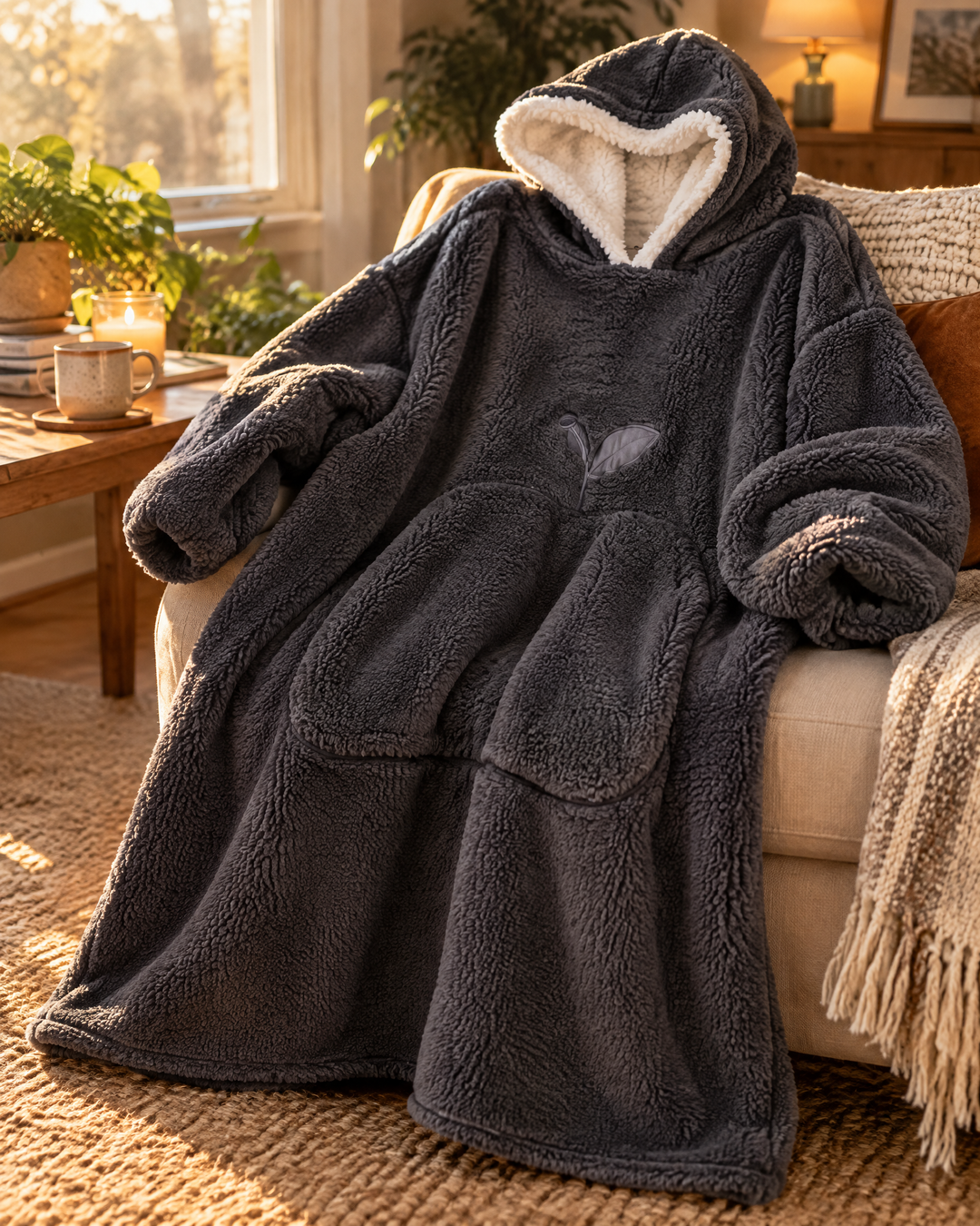 Vikbua™ Ekstra lang teppehoodie med sherpafôr for voksne og stor lomme