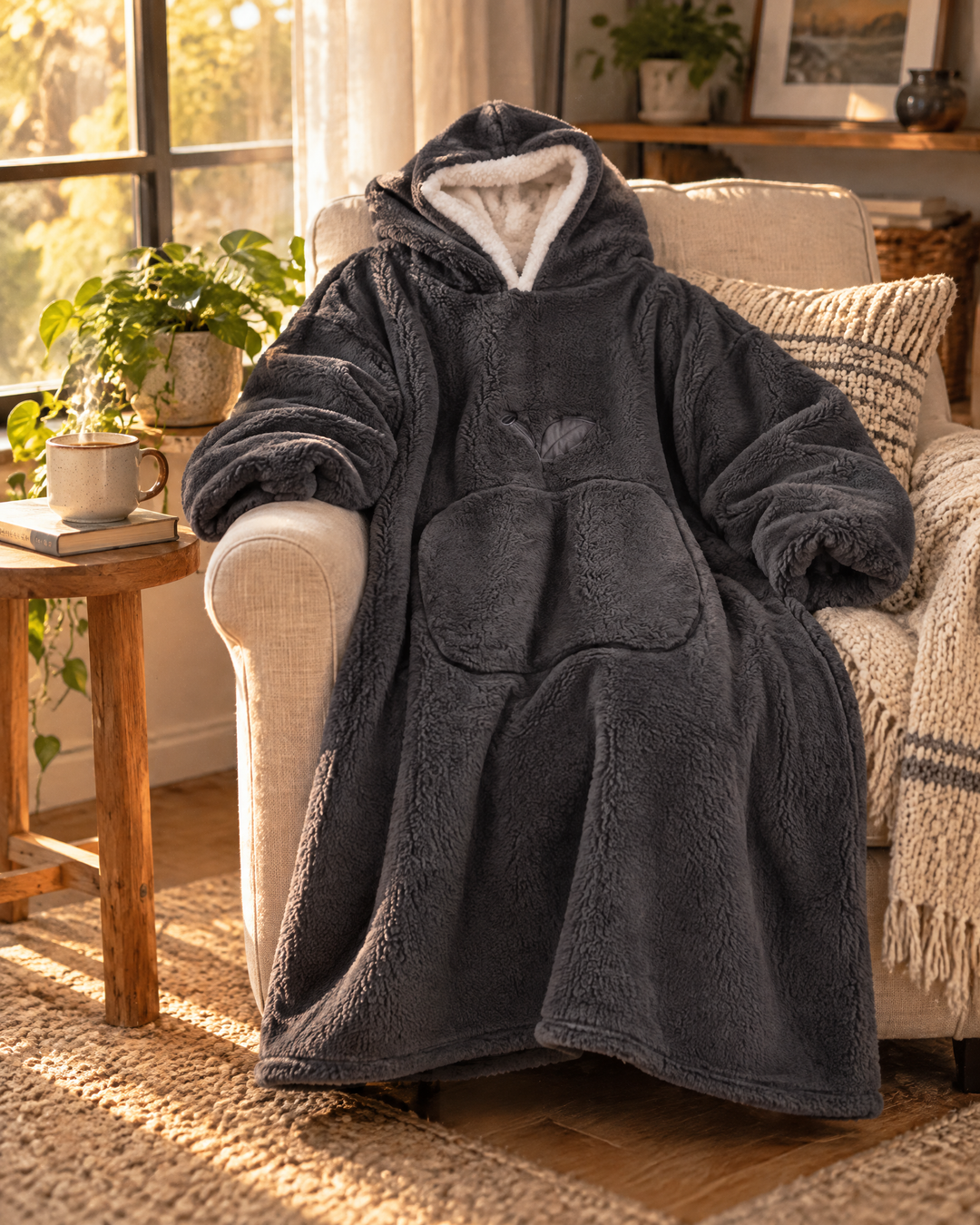 Vikbua™ Ekstra lang teppehoodie med sherpafôr for voksne og stor lomme