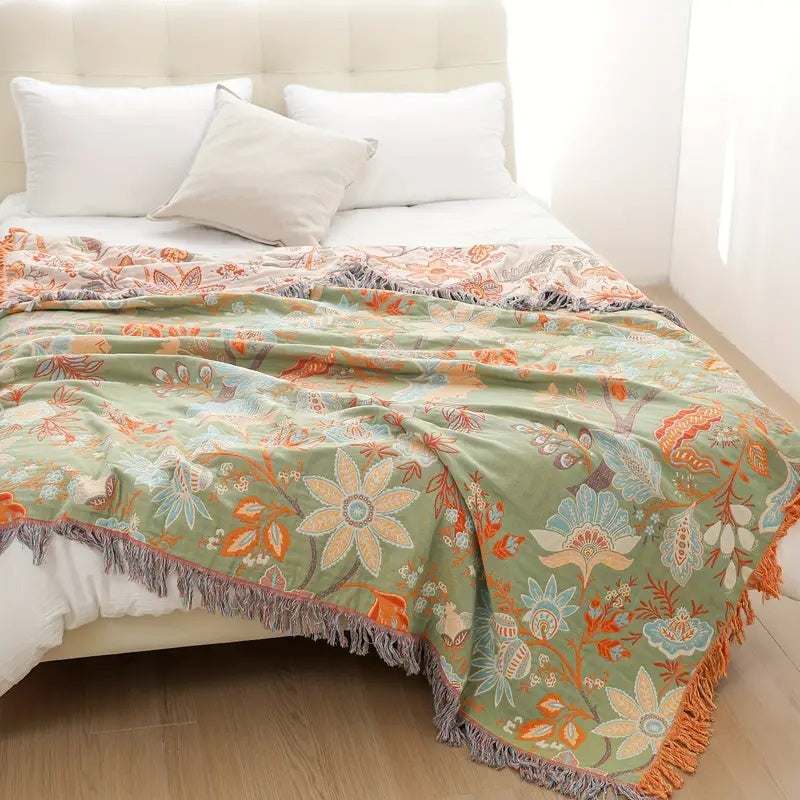 Vikbua™ Boho-pledd i bomull med blomstermønster og frynser
