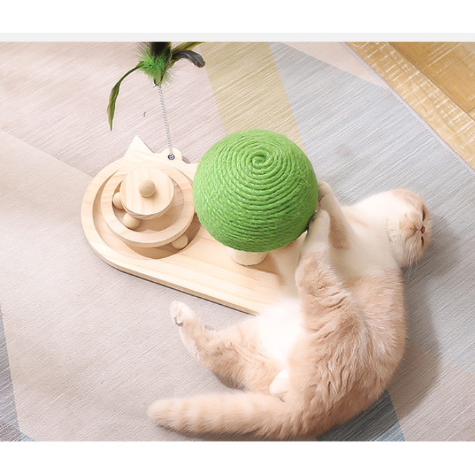 Vikbua™ Aktivitetssenter i tre for katt med ballbane og klorestolpe