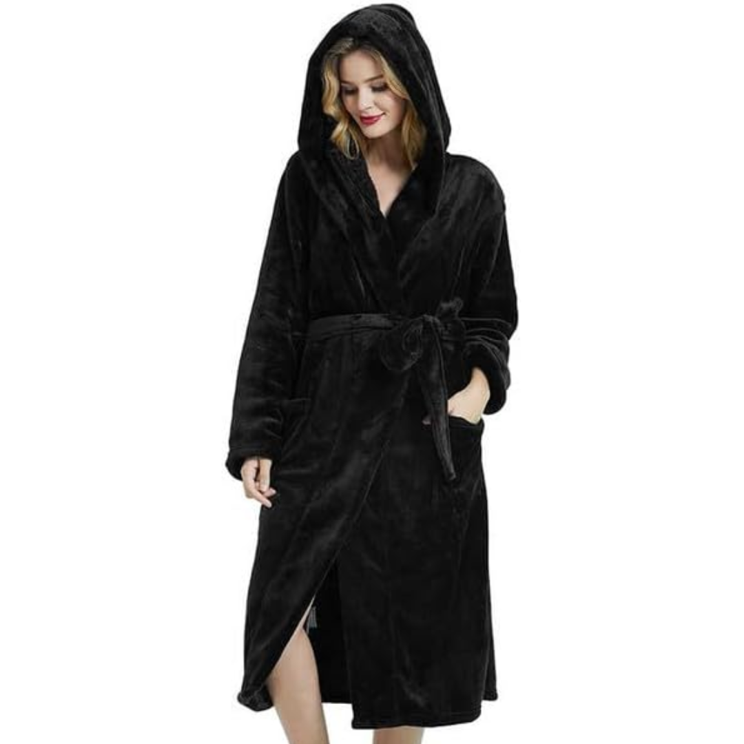 Vikbua™ Lang fleece morgenkåpe med hette, knytebelte og lommer for dame