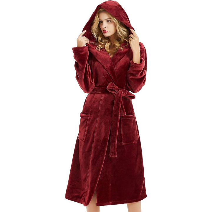 Vikbua™ Lang fleece morgenkåpe med hette, knytebelte og lommer for dame