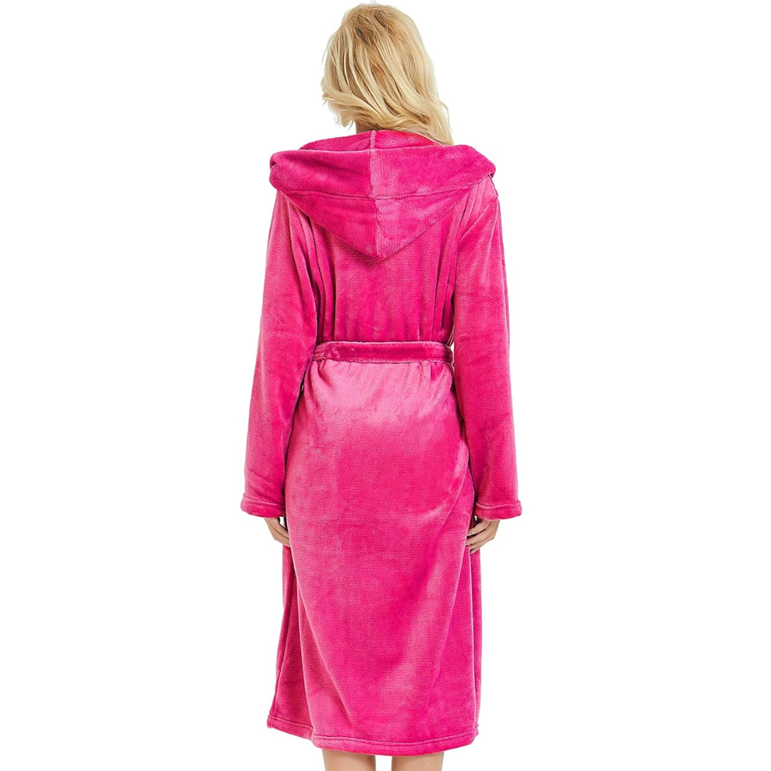 Vikbua™ Lang fleece morgenkåpe med hette, knytebelte og lommer for dame