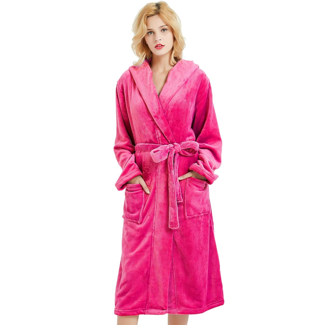Vikbua™ Lang fleece morgenkåpe med hette, knytebelte og lommer for dame