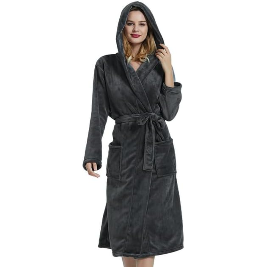 Vikbua™ Lang fleece morgenkåpe med hette, knytebelte og lommer for dame