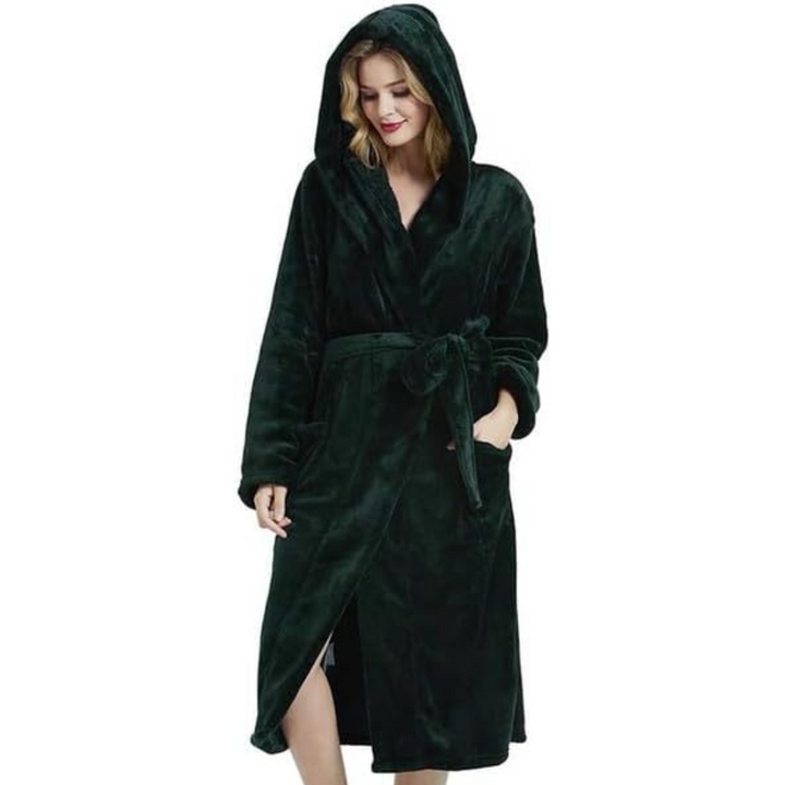 Vikbua™ Lang fleece morgenkåpe med hette, knytebelte og lommer for dame