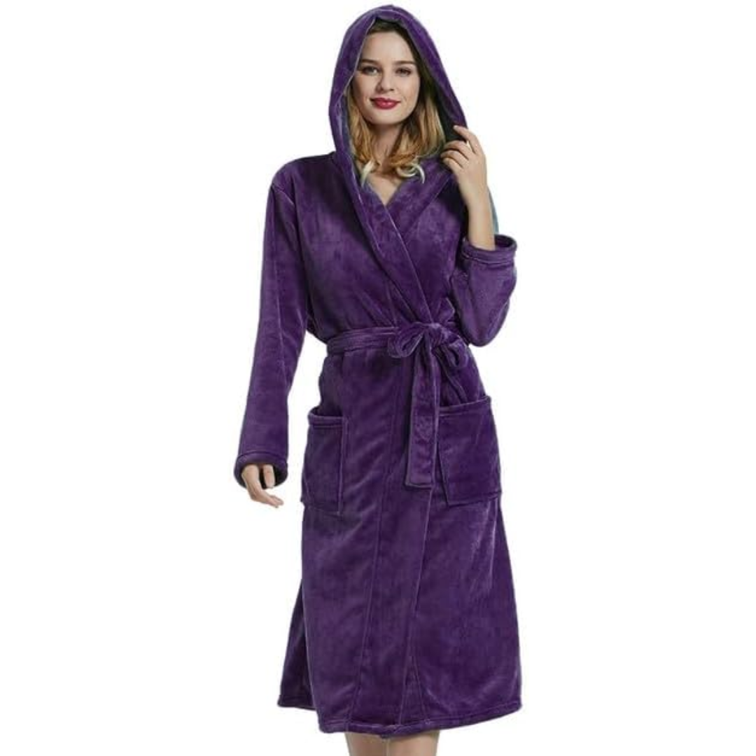 Vikbua™ Lang fleece morgenkåpe med hette, knytebelte og lommer for dame