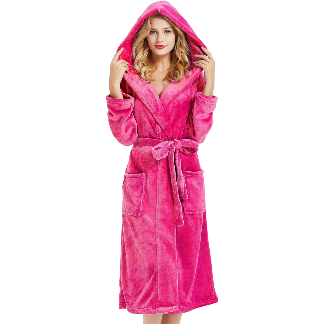 Vikbua™ Lang fleece morgenkåpe med hette, knytebelte og lommer for dame